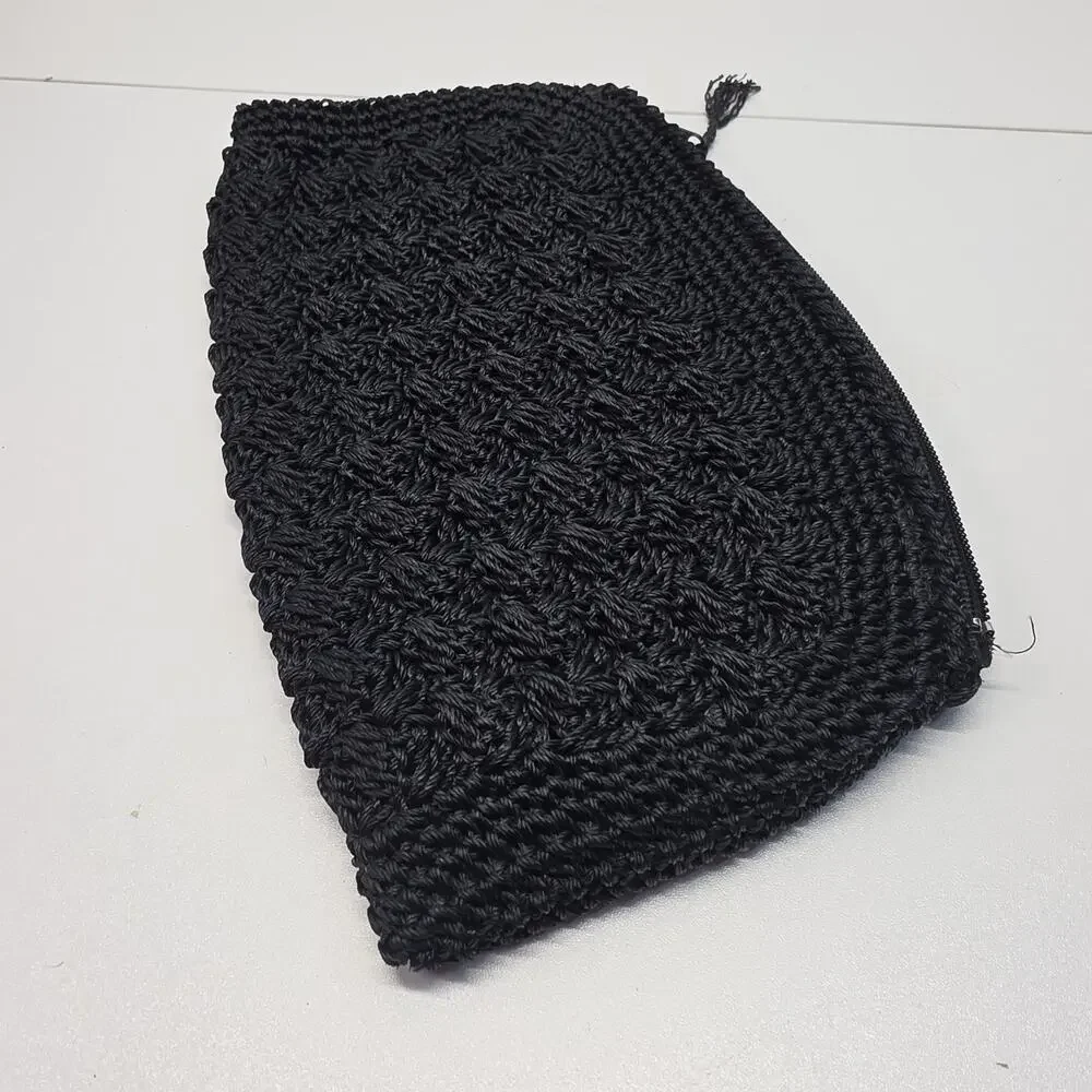 Vintage 1950s Black Cord Crochet Woven Clutch Handbag Purse Zip Retro MCM Japan